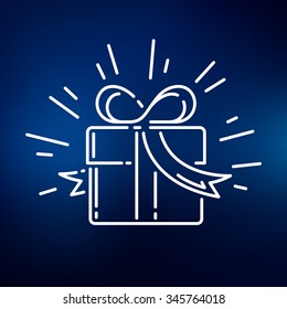 Gift icon. Box sign. Present symbol. Thin line icon on blue background. Vector illustration.