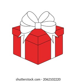 gift icon, box tied with ribbon with bow, black outline isolated on white background, vector illustration