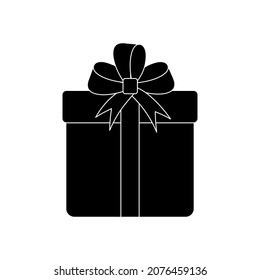 gift icon, box tied with ribbon with bow, black outline isolated on white background, vector illustration