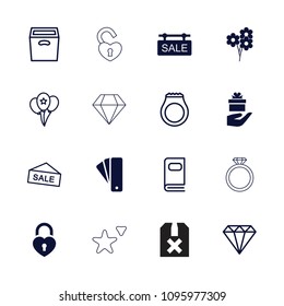Gift icon. collection of 16 gift filled and outline icons such as tag, heart lock, sale tag, gem, sale, box, photo album, balloon. editable gift icons for web and mobile.