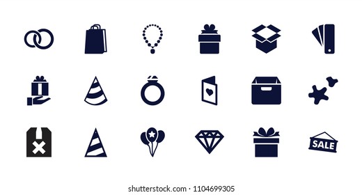 Gift icon. collection of 18 gift filled icons such as tag, diamond, shopping bag, box, cookie, balloon, love card, ring, sale. editable gift icons for web and mobile.