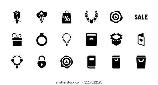 Gift icon. collection of 18 gift filled icons such as necklace, shopping bag, ring, rose, box, arrow up, heart lock, balloon. editable gift icons for web and mobile.