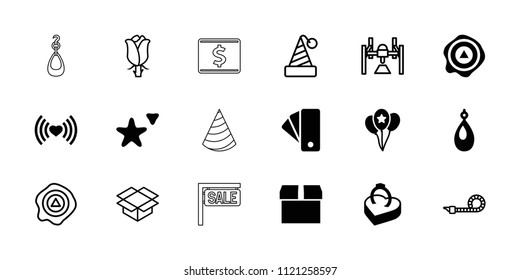 Gift icon. collection of 18 gift filled and outline icons such as earring, parcel, arrow up, ring in box, balloon, party hat, rose. editable gift icons for web and mobile.