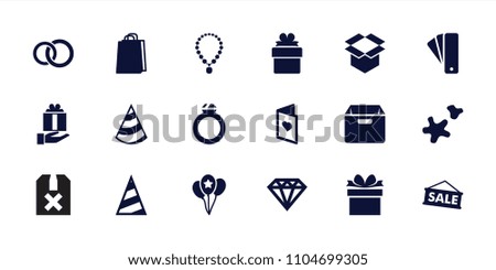 Gift icon. collection of 18 gift filled icons such as tag, diamond, shopping bag, box, cookie, balloon, love card, ring, sale. editable gift icons for web and mobile.