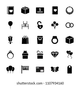 Gift icon. collection of 25 gift filled icons such as diamond, box, shopping bag, sale, bouquet, rose, notebook with heart, bow, ring. editable gift icons for web and mobile.