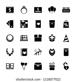 Gift icon. collection of 25 gift filled icons such as parcel, present, necklace, notebook with heart, heart balloons, confetti. editable gift icons for web and mobile.