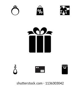 Gift icon. collection of 7 gift filled icons such as present, ring, earring, parcel, shopping bag. editable gift icons for web and mobile.
