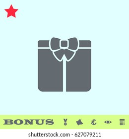 Gift icon flat. Grey pictogram on blue background. Vector illustration symbol and bonus buttons medal, cow, earth, eye, calculator