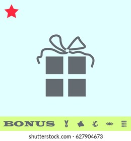 Gift icon flat. Grey pictogram on blue background. Vector illustration symbol and bonus buttons medal, cow, earth, eye, calculator