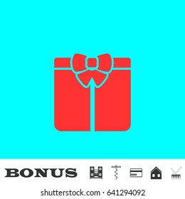 Gift icon flat. Red pictogram on blue background. Vector illustration symbol and bonus buttons Music center, corkscrew, credit card, house, drum