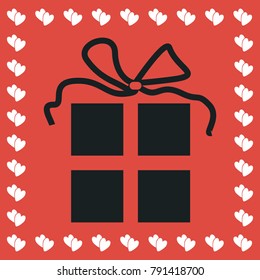 Gift icon flat. Simple black pictogram on red background with white hearts for valentines day. Vector illustration symbol