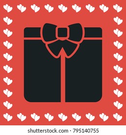 Gift icon flat. Simple black pictogram on red background with white hearts for valentines day. Vector illustration symbol