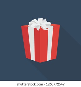 gift icon in flat style with long shadow, isolated vector illustration on blue transparent background. Gift box