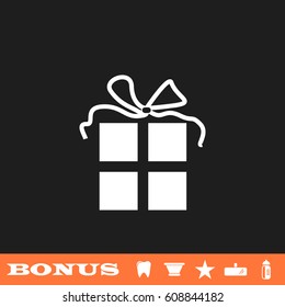 Gift icon flat. White pictogram on black background. Vector illustration symbol and bonus button tooth, vase, star, mirror, bottle