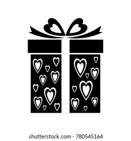Gift icon with heart pattern Black sign isolated on white background. Line gift box symbol for website design, app, ui. Vector illustration