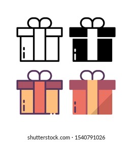 Gift icon. With outline, glyph, filled outline and flat style.