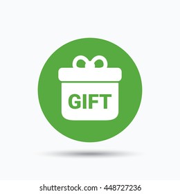 Gift icon. Present box with bow symbol. Flat web button with icon on white background. Green round pressbutton with shadow. Vector