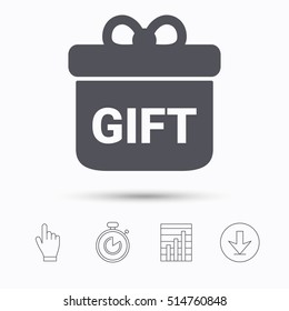Gift icon. Present box with bow symbol. Stopwatch timer. Hand click, report chart and download arrow. Linear icons. Vector