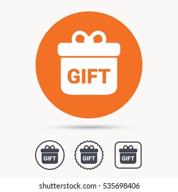 Gift icon. Present box with bow symbol. Orange circle button with web icon. Star and square design. Vector