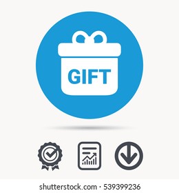 Gift icon. Present box with bow symbol. Achievement check, download and report file signs. Circle button with web icon. Vector