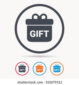 Gift icon. Present box with bow symbol. Colored circle buttons with flat web icon. Vector