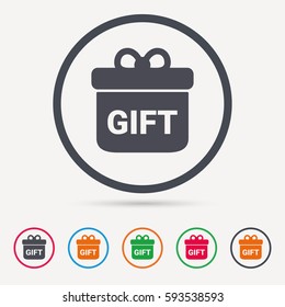 Gift icon. Present box with bow symbol. Round circle buttons. Colored flat web icons. Vector