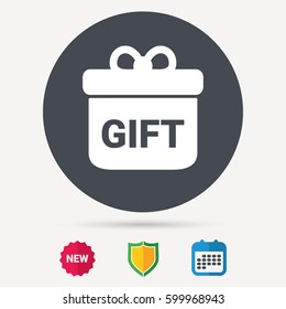 Gift icon. Present box with bow symbol. Calendar, shield protection and new tag signs. Colored flat web icons. Vector