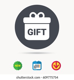 Gift icon. Present box with bow symbol. Calendar, download arrow and new tag signs. Colored flat web icons. Vector