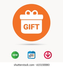 Gift icon. Present box with bow symbol. Calendar, download arrow and new tag signs. Colored flat web icons. Vector