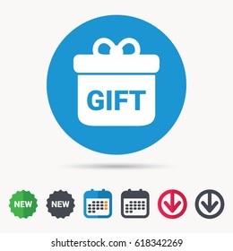 Gift icon. Present box with bow symbol. Calendar, download arrow and new tag signs. Colored flat web icons. Vector