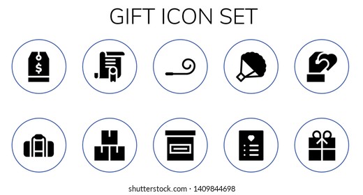 gift icon set. 10 filled gift icons.  Collection Of - Tag, Bag, Certificate, Package, Party blower, Box, Bouquet, Wishlist, Heart, Gift