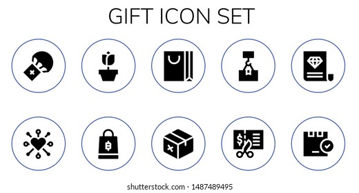 gift icon set. 10 filled gift icons.  Collection Of - Parachute, Heart, Rose, Shopping bag, Package, Voucher, Certificate