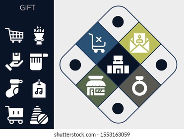 gift icon set. 13 filled gift icons.  Collection Of - Mall, Shopping cart, Toys, Christmas sock, Label, Package, Bag, Bouquet, Invitation, Store, Ring icons