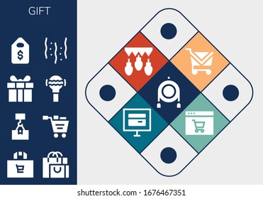 conjunto de iconos de regalo. 13 iconos de regalo rellenos.  Iconos modernos sencillos, como: Juguetes, Bolsa de compras, Paquete, Carrito de compras, Presente, Ganado, Precio, Confetti, Garlands, Tienda en línea