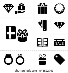 Gift icon. set of 13 filled gifticons such as tag, gem, present, diamond, photo album, sale tag, gift on hand, ring, necklace