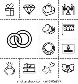 Gift icon. set of 13 outline gifticons such as parcel, present, ring, diamond, bow, sweet box, ring in box, cookie, sale, necklace, box, dollar card