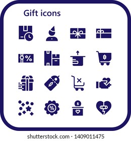 gift icon set. 16 filled gift icons.  Collection Of - Package, Birthday, Present, Gift card, voucher, Boxes, Shopping cart, Price label, Give love, Confetti, Discount