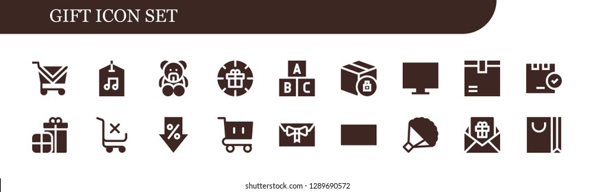  gift icon set. 18 filled gift icons. Simple modern icons about  - Shopping cart, Label, Teddy bear, Gift, Toy, Package, Online shop, Presents, Sale, Bouquet, Shopping bag