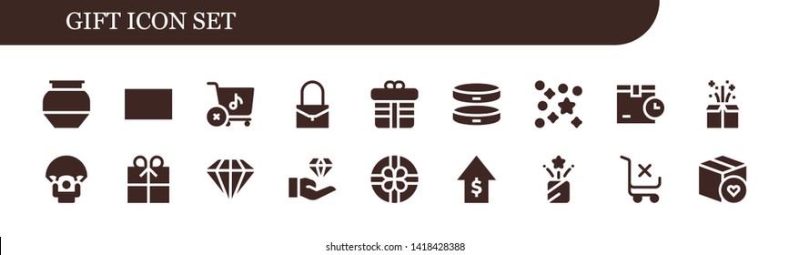 gift icon set. 18 filled gift icons.  Simple modern icons about  - Pottery, Gift card, Store, Bag, Bracelet, Confetti, Package, Parachute, Diamond, Jewelry, Sales, Shopping cart
