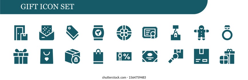 gift icon set. 18 filled gift icons.  Simple modern icons about  - Box, Invitation, Tag, Bag, Gift, Certificate, Package, Gingerbread, Ring, Present, Shopping bag, voucher