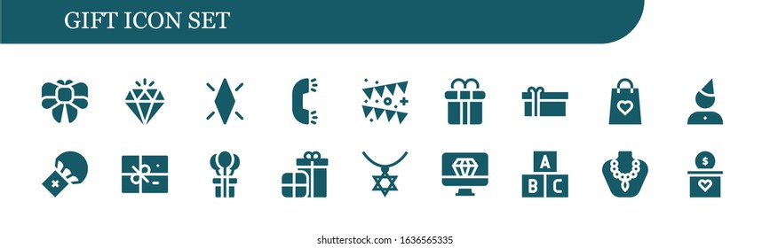 gift icon set. 18 filled gift icons.  Simple modern icons such as: Bow, Diamond, Ring, Garland, Gift box, bag, Birthday, Parachute, Package, Presents, Necklace, Toy