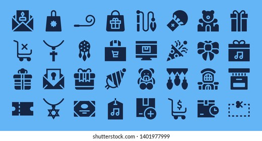 gift icon set. 32 filled gift icons. on blue background style Simple modern icons about  - Invitation, Shopping cart, Gift, Coupon, Shopping bag, Jewelry, Certificate, Necklace