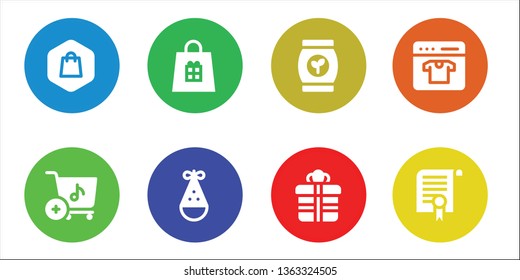 gift icon set. 8 filled gift icons.  Collection Of - Shopping, Shopping cart, Shopping bag, Party hat, Bag, Gift, Online shop, Certificate
