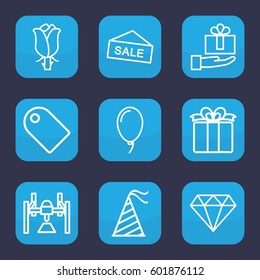 gift icon. Set of 9 outline gift icons such as diamond, rose, present, party hat, balloon, box, tag, sale