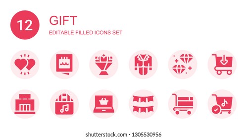 gift icon set. Collection of 12 filled gift icons included Hearts, Invitation, Flower bouquet, Tux, Diamond, Mall, Shopping bag, Shopping online, Garland, Shopping cart, Buy online