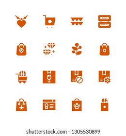 gift icon set. Collection of 16 filled gift icons included Paper bag, Shopping bag, Certificate, Bag, Package, Shopping cart, Shopping, Holly, Diamond, Pencil box, Garland, Pendant