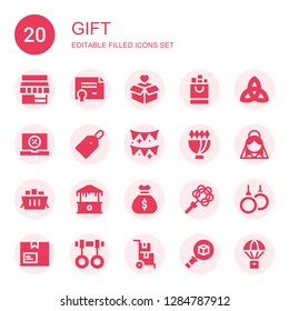gift icon set. Collection of 20 filled gift icons included Store, Certificate, Package, Shopping bag, Triquetra, Sale, Price tag, Garlands, Bouquet, Bride, Shopping cart, Mall