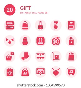 gift icon set. Collection of 20 filled gift icons included Pencil box, Shopping bag, Bag, Heart, Paper bag, Garland, Toy, Package, Brooch, Garlands, Delivery cart, Certificate