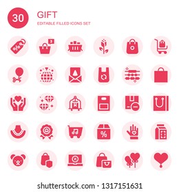 gift icon set. Collection of 30 filled gift icons included Label, Shopping bag, Shopping cart, Rose, Shopping, Ballon, Disco, Birthday card, Bag, Jewelry, Heart, Diamond, Cart