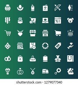 gift icon set. Collection of 36 filled gift icons included Wedding ring, Rattle, Shopping bag, Necklace, Rings, Parachute, Package, Hand bag, Shopping, Wedding rings, Give love